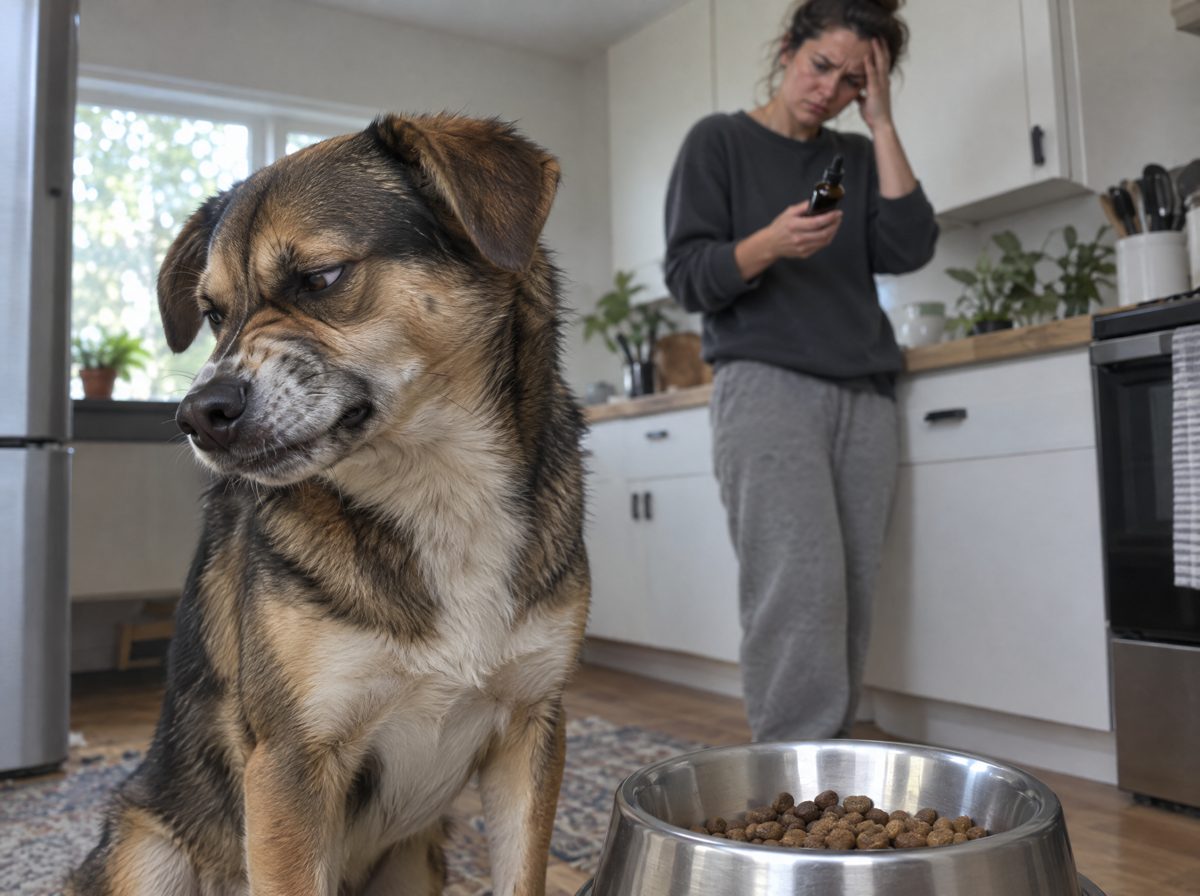 Dog turning away from a food bowl