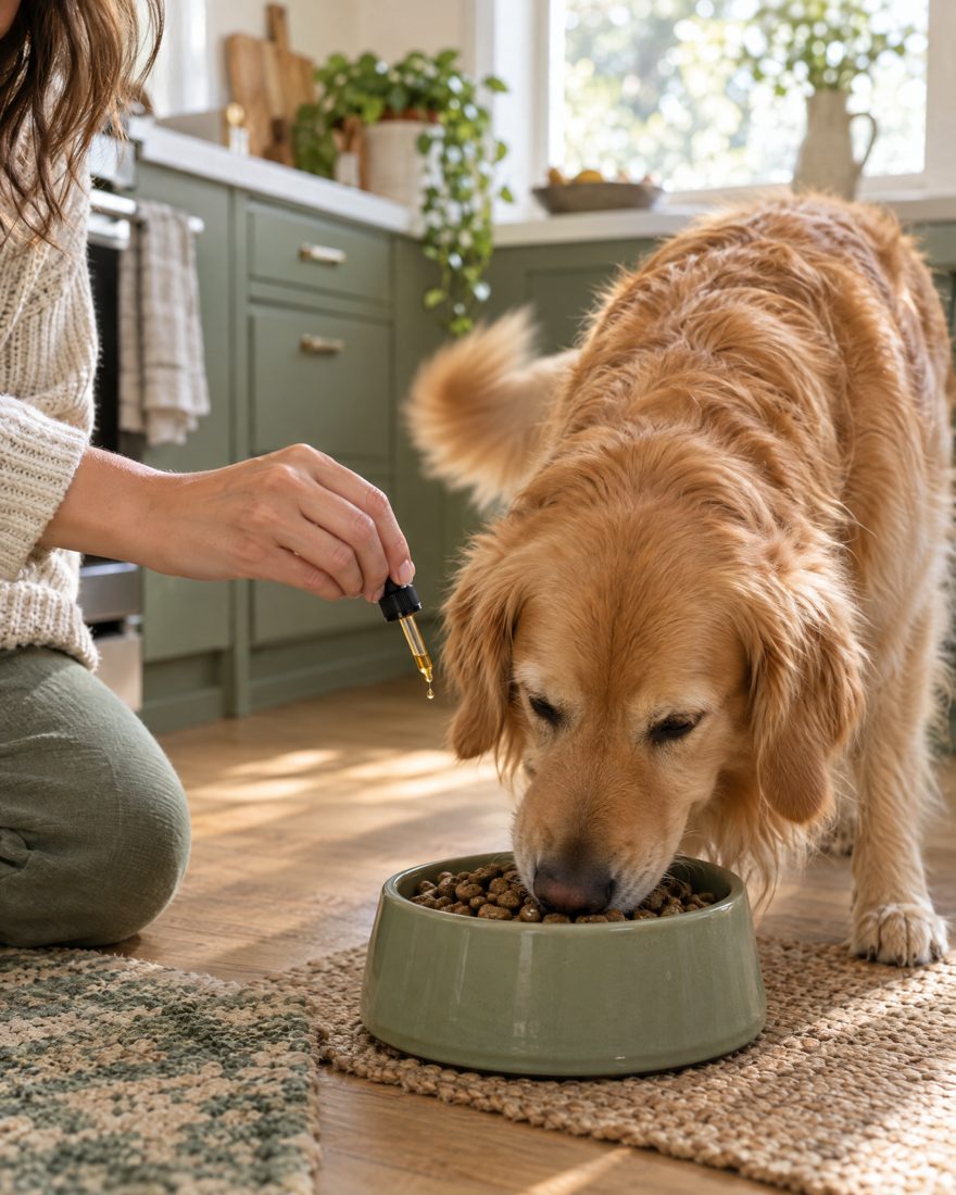 Owner adding liquid drops to a dog's dinner while the dog eats